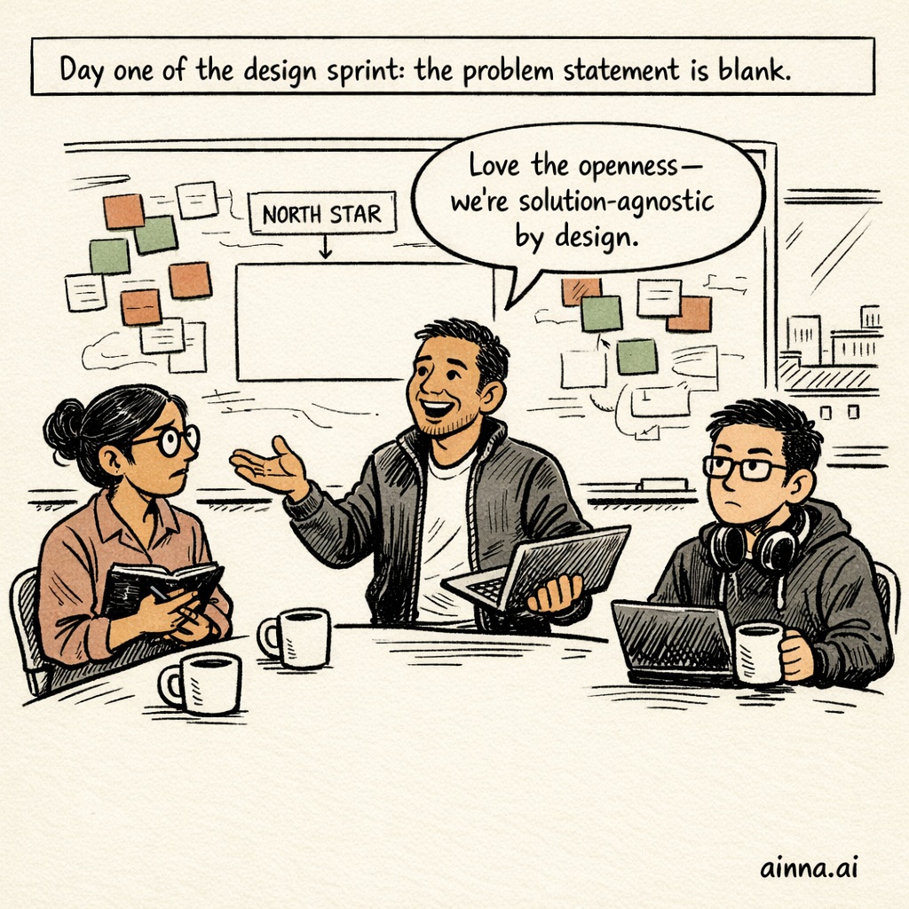 In a whiteboard meeting room, Theo gestures at a blank problem box and says, "Love the openness—we're solution-agnostic by design.